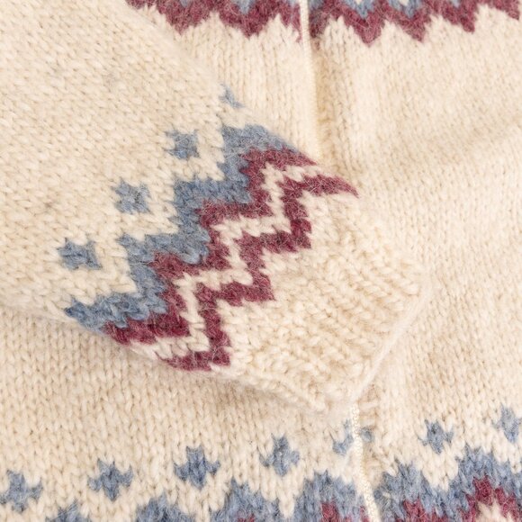 Vintage Fair Isle Sweater Wool Handknitted Nordic Full Zip Cream Blue Purple - Picture 7 of 13
